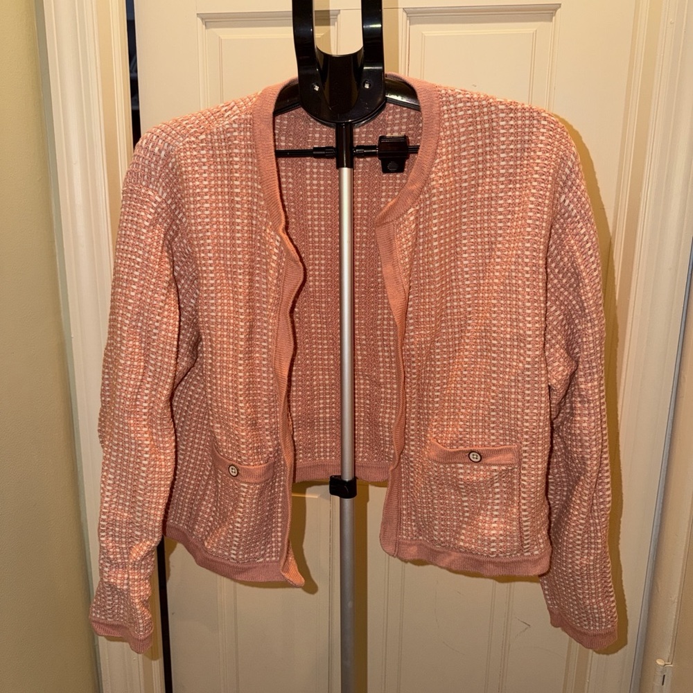 J.Crew women's pink and white cotton knit lady jacket cardigan Size L #preppy